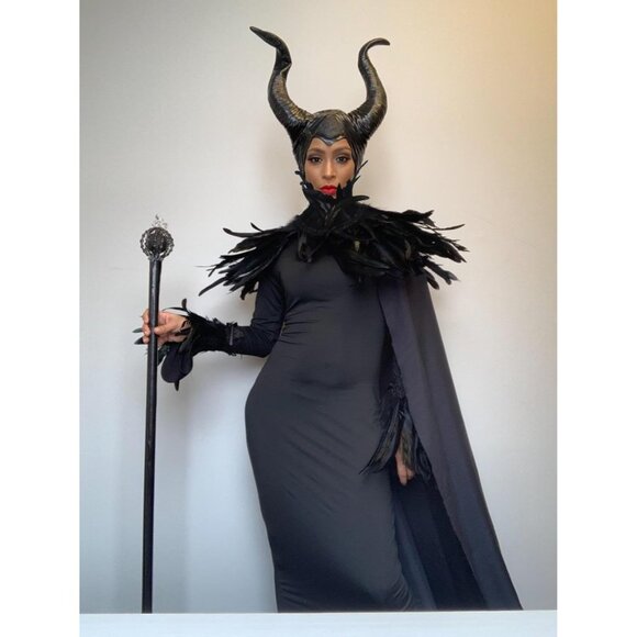 Women Black Witch Raven Costume Halloween Feather Shawl Mesh Cape with Horns Set - Picture 5 of 7